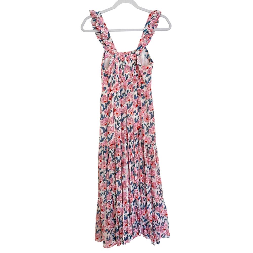 Oliphant Tuckernuck Smocked Ruffle Sleeveless Maxi Dress Pink Floral Block Print - Picture 2 of 6